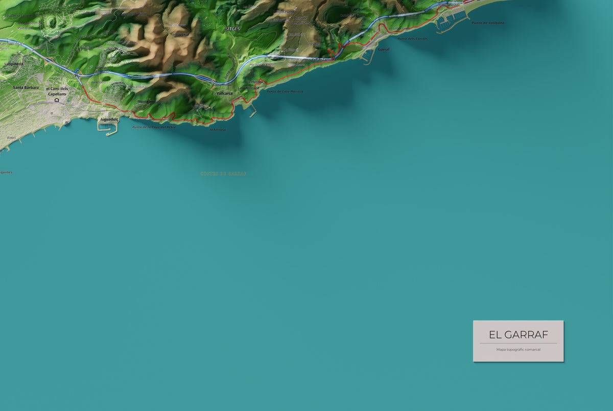 Mapa de relleu del Garraf, amb el territori en color i l’entorn en blanc. Detall de la part inferior dreta. 61 × 91 cm. Estil Clàssic.
