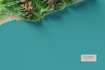 Mapa de relleu del Garraf, amb el territori en color i l’entorn en blanc. Detall de la part inferior dreta. 61 × 91 cm. Estil Clàssic.