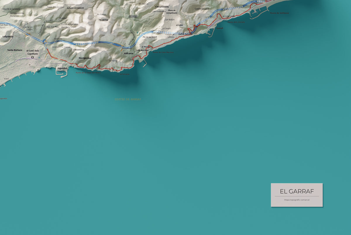 Mapa de relleu del Garraf, amb el territori en color i l’entorn en blanc. Detall de la part inferior dreta. 61 × 91 cm. Estil Cartogràfic.