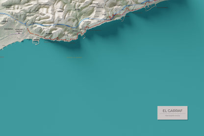 Mapa de relleu del Garraf, amb el territori en color i l’entorn en blanc. Detall de la part inferior dreta. 61 × 91 cm. Estil Cartogràfic.