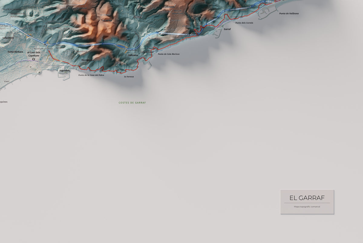 Mapa de relleu del Garraf, amb el territori en color i l’entorn en blanc. Detall de la part inferior dreta. 61 × 91 cm. Estil Blau i taronja.