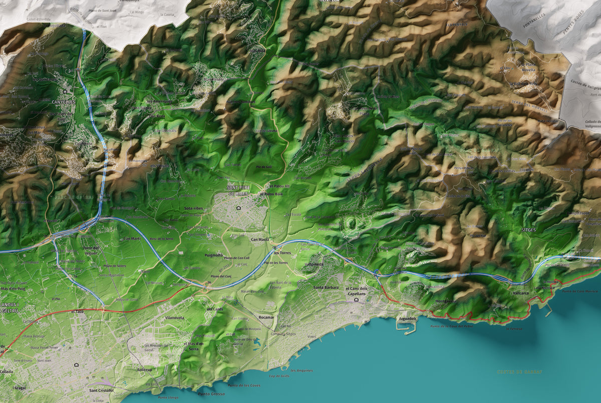 Mapa de relleu del Garraf, amb el territori en color i l’entorn en blanc. Detall de la part central. 61 × 91 cm. Estil Clàssic.