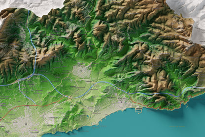 Mapa de relleu del Garraf, amb el territori en color i l’entorn en blanc. Detall de la part central. 61 × 91 cm. Estil Clàssic.
