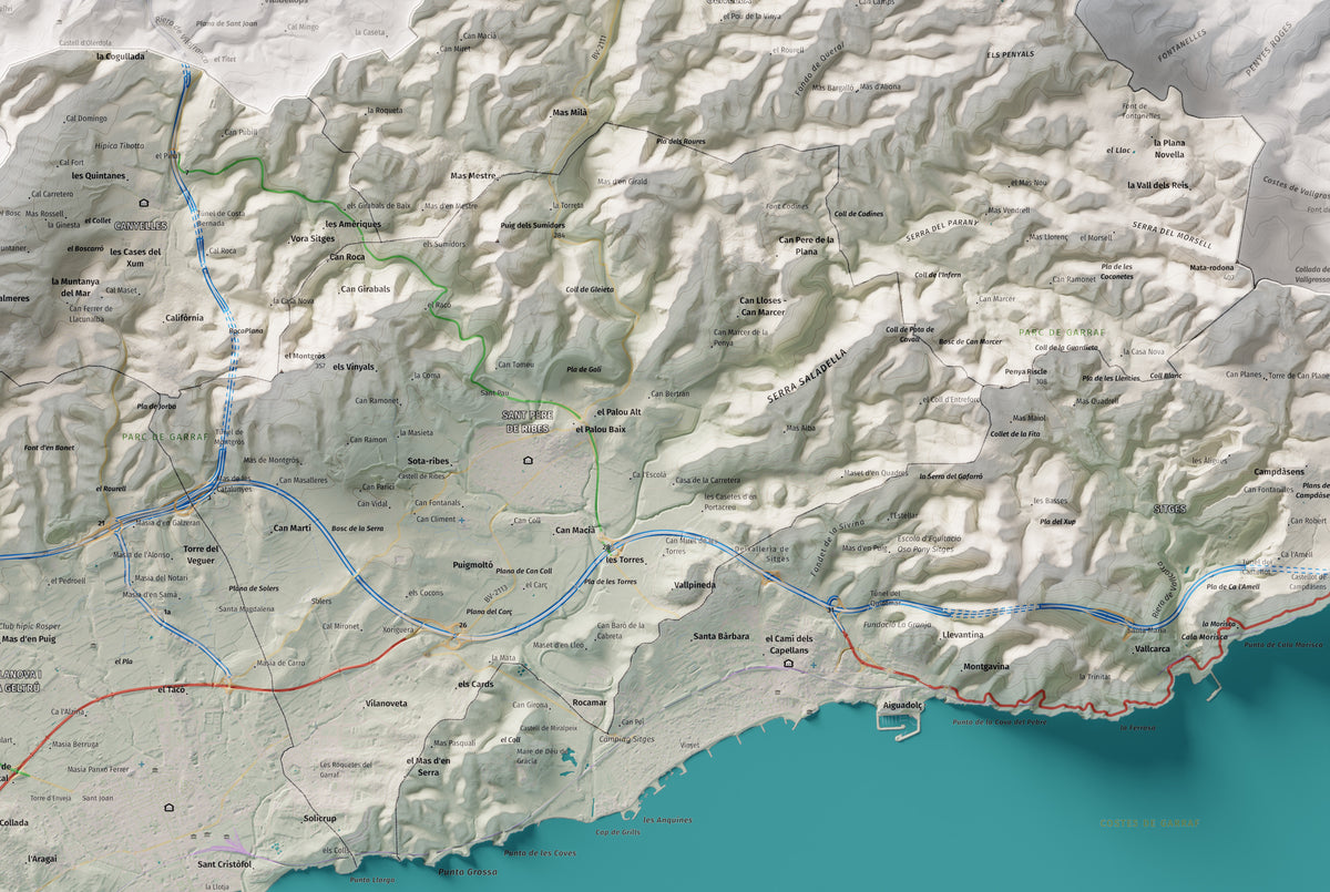 Mapa de relleu del Garraf, amb el territori en color i l’entorn en blanc. Detall de la part central. 61 × 91 cm. Estil Cartogràfic.
