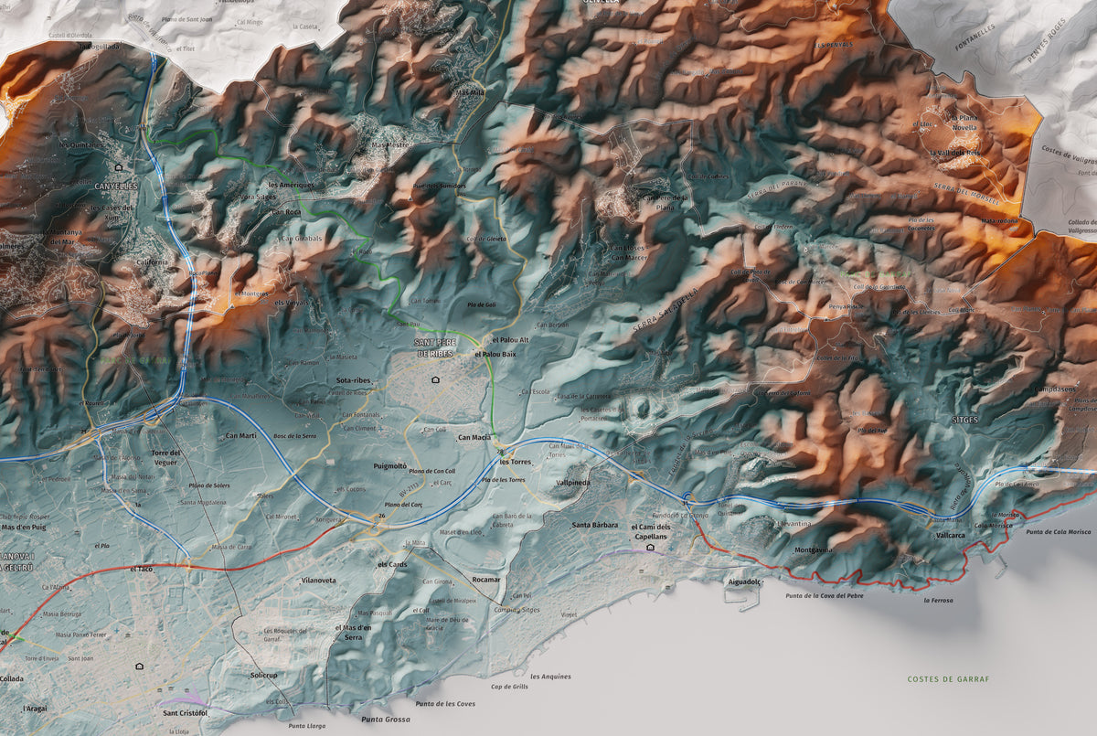 Mapa de relleu del Garraf, amb el territori en color i l’entorn en blanc. Detall de la part central. 61 × 91 cm. Estil Blau i taronja.