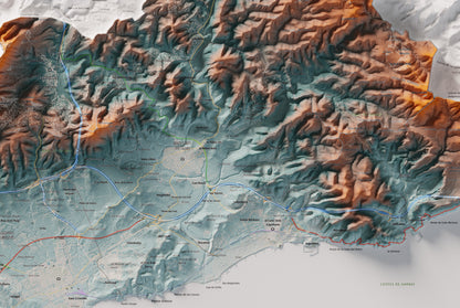 Mapa de relleu del Garraf, amb el territori en color i l’entorn en blanc. Detall de la part central. 61 × 91 cm. Estil Blau i taronja.
