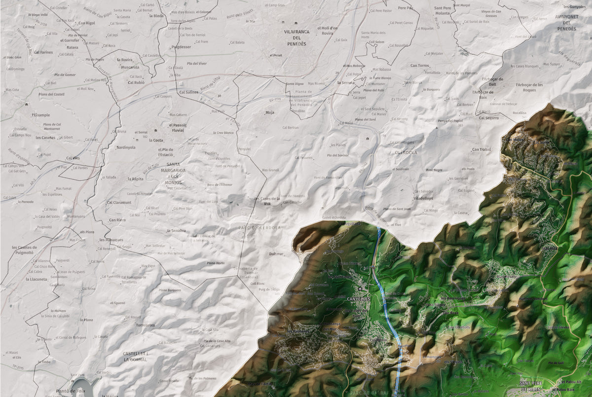 Mapa de relleu del Garraf, amb el territori en color i l’entorn en blanc. Detall de la part superior esquerra. 61 × 91 cm. Estil Clàssic.