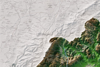 Mapa de relleu del Garraf, amb el territori en color i l’entorn en blanc. Detall de la part superior esquerra. 61 × 91 cm. Estil Clàssic.