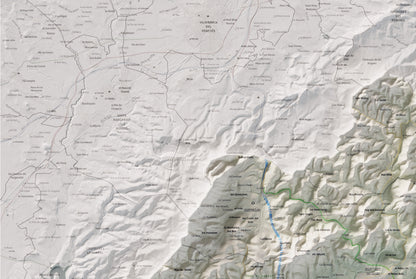 Mapa de relleu del Garraf, amb el territori en color i l’entorn en blanc. Detall de la part superior esquerra. 61 × 91 cm. Estil Cartogràfic.