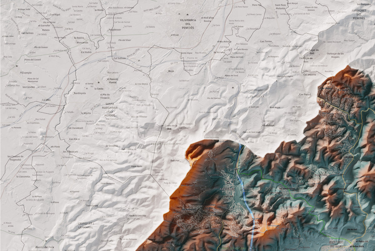 Mapa de relleu del Garraf, amb el territori en color i l’entorn en blanc. Detall de la part superior esquerra. 61 × 91 cm. Estil Blau i taronja.