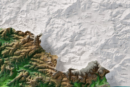 Mapa de relleu del Garraf, amb el territori en color i l’entorn en blanc. Detall de la part superior dreta. 61 × 91 cm. Estil Clàssic.