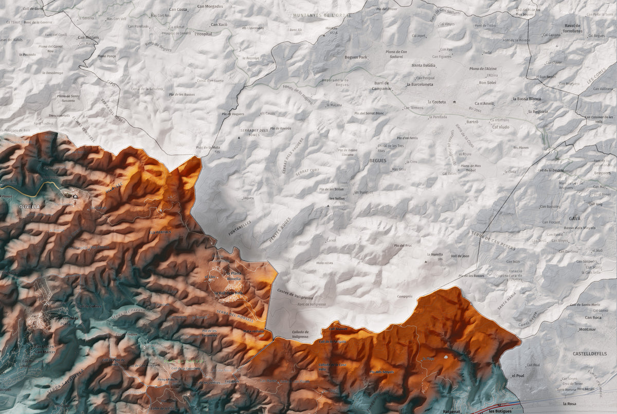 Mapa de relleu del Garraf, amb el territori en color i l’entorn en blanc. Detall de la part superior dreta. 61 × 91 cm. Estil Blau i taronja.