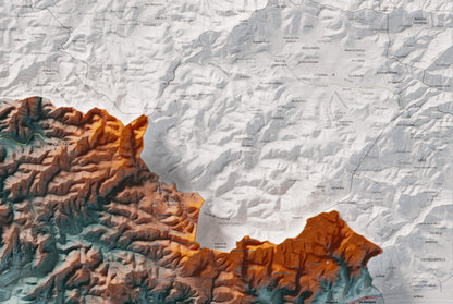 Mapa de relleu del Garraf, amb el territori en color i l’entorn en blanc. Detall de la part superior dreta. 61 × 91 cm. Estil Blau i taronja.