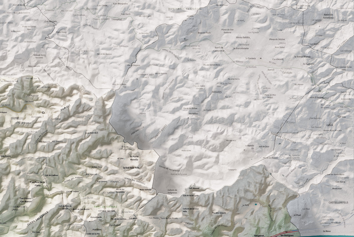 Mapa de relleu del Garraf, amb el territori en color i l’entorn en blanc. Detall de la part superior dreta. 61 × 91 cm. Estil Cartogràfic.