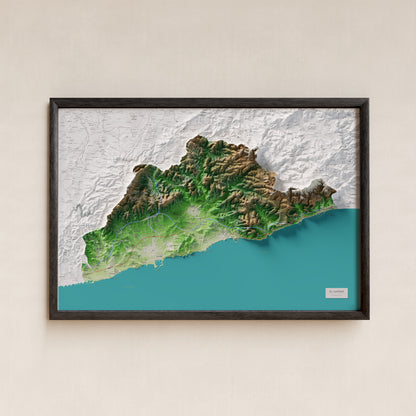 Mapa de relleu del Garraf, amb el territori en color i l’entorn en blanc. Presentació amb marc. 61 × 91 cm. Estil Clàssic.