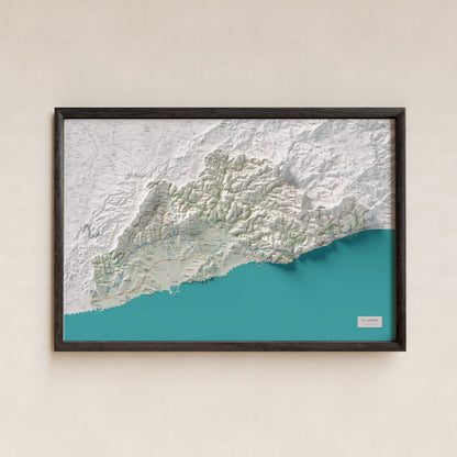 Mapa de relleu del Garraf, amb el territori en color i l’entorn en blanc. Presentació amb marc. 61 × 91 cm. Estil Cartogràfic.
