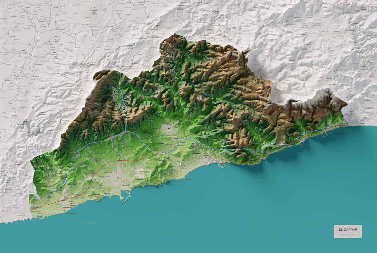 Mapa de relleu del Garraf, amb el territori en color i l’entorn en blanc. Vista completa de la làmina. 61 × 91 cm. Estil Clàssic.