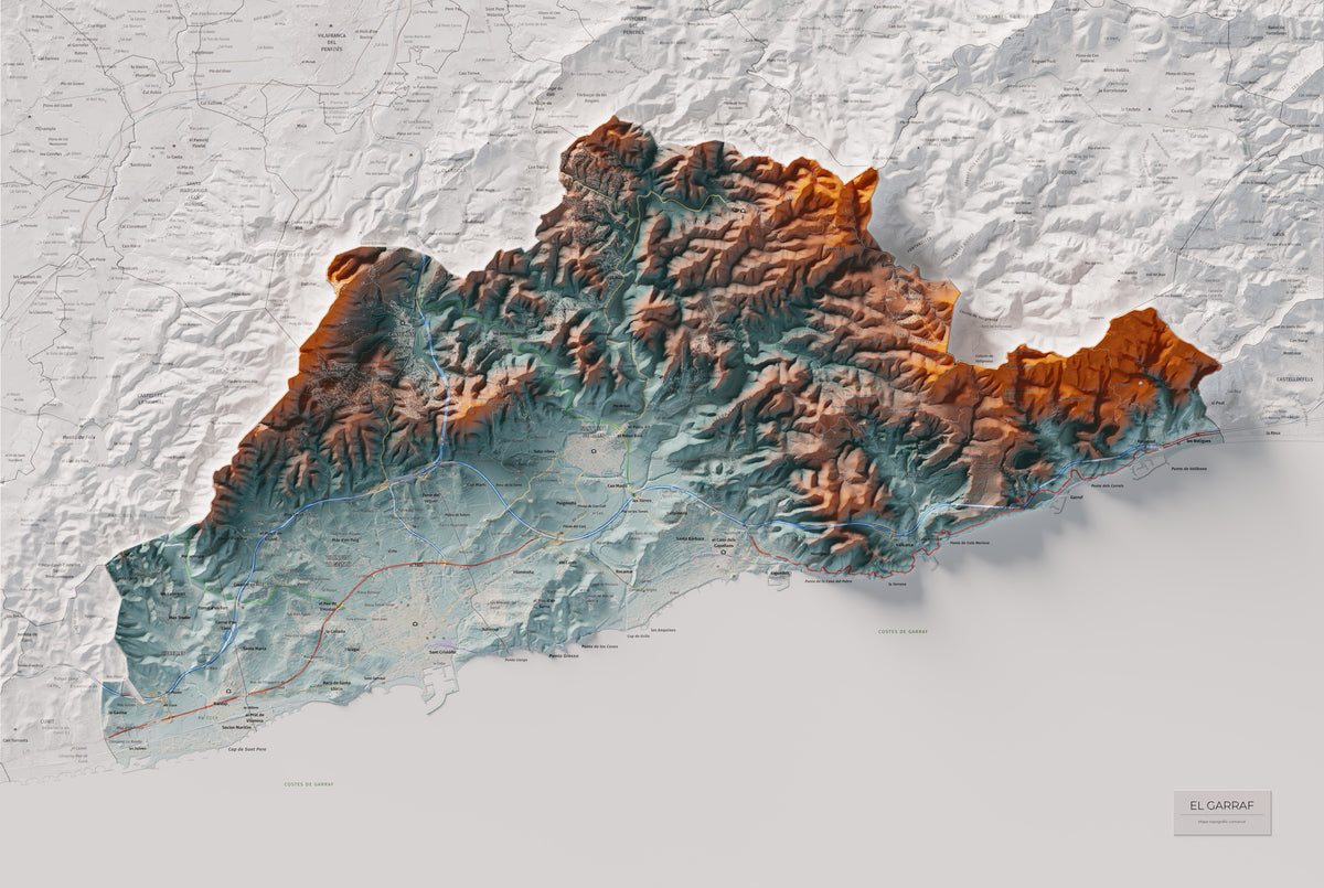 Mapa de relleu del Garraf, amb el territori en color i l’entorn en blanc. Vista completa de la làmina. 61 × 91 cm. Estil Blau i taronja.
