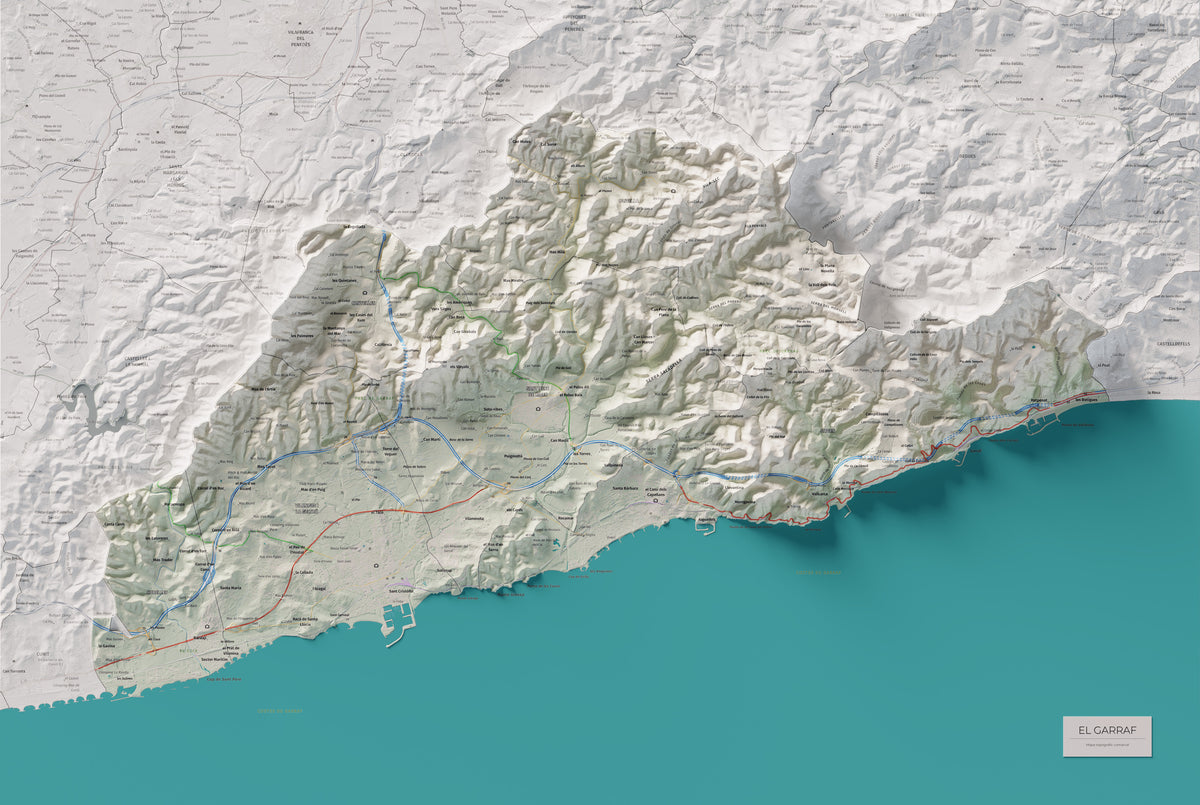 Mapa de relleu del Garraf, amb el territori en color i l’entorn en blanc. Vista completa de la làmina. 61 × 91 cm. Estil Cartogràfic.