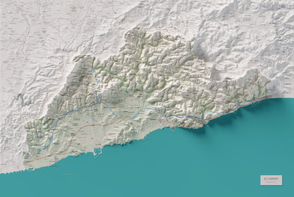 Mapa de relleu del Garraf, amb el territori en color i l’entorn en blanc. Vista completa de la làmina. 61 × 91 cm. Estil Cartogràfic.