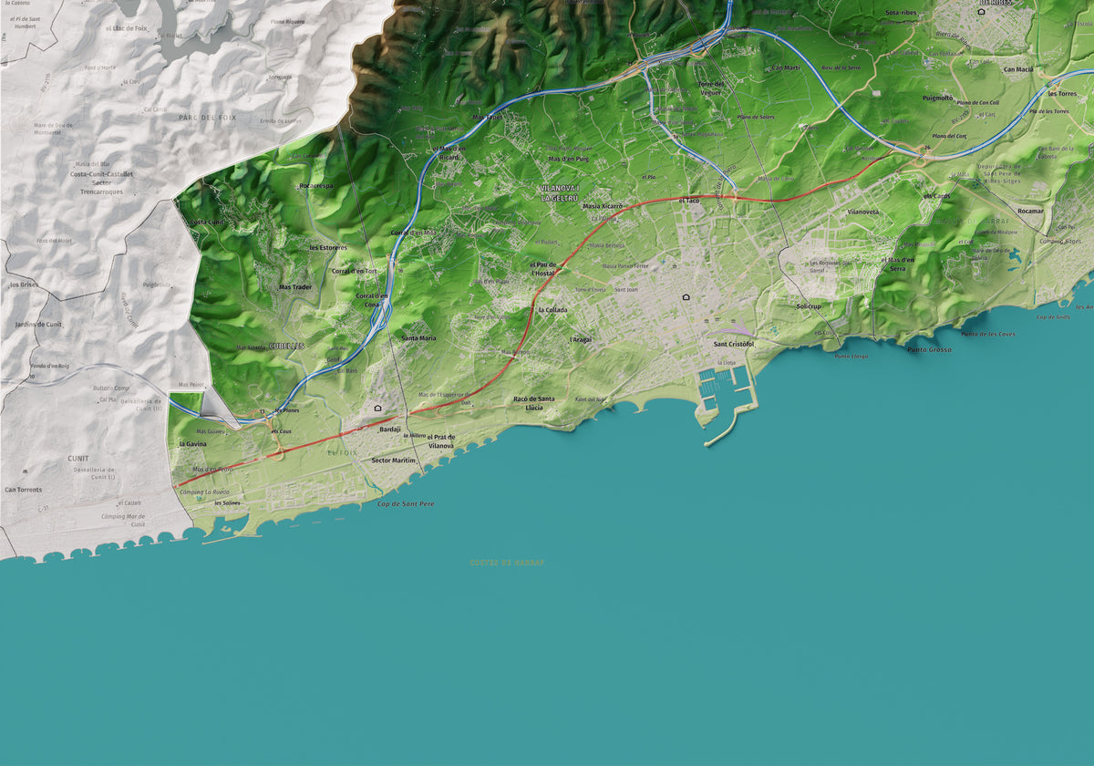 Mapa de relleu del Garraf, amb el territori en color i l’entorn en blanc. Detall de la part inferior esquerra. 70 × 100 cm. Estil Clàssic.
