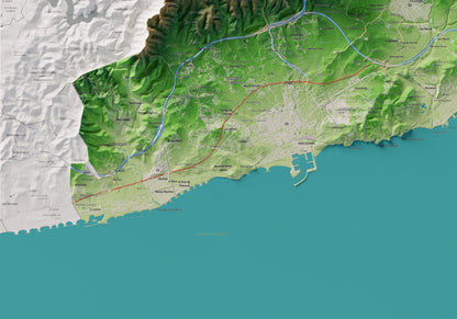 Mapa de relleu del Garraf, amb el territori en color i l’entorn en blanc. Detall de la part inferior esquerra. 70 × 100 cm. Estil Clàssic.