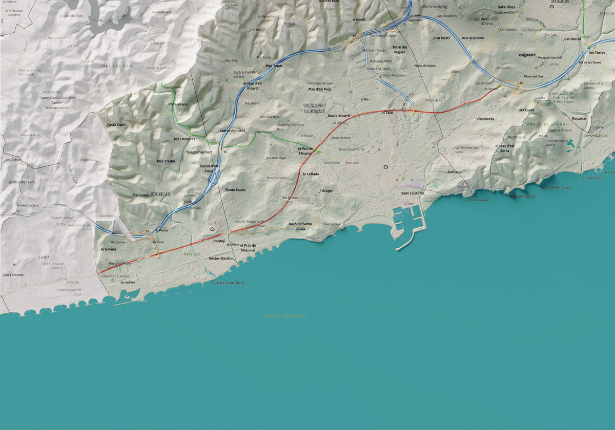 Mapa de relleu del Garraf, amb el territori en color i l’entorn en blanc. Detall de la part inferior esquerra. 70 × 100 cm. Estil Cartogràfic.