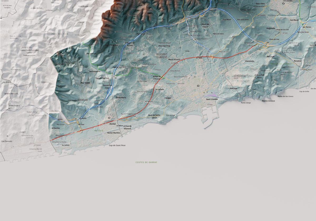 Mapa de relleu del Garraf, amb el territori en color i l’entorn en blanc. Detall de la part inferior esquerra. 70 × 100 cm. Estil Blau i taronja.