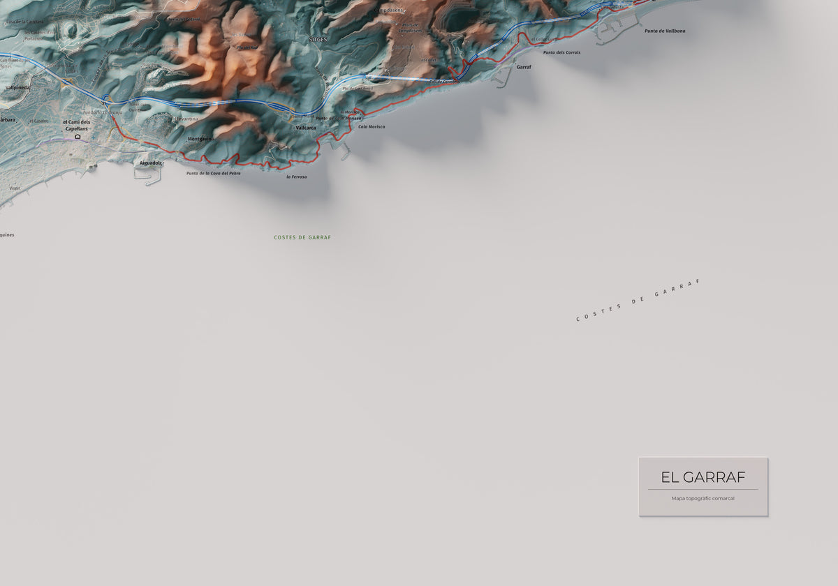 Mapa de relleu del Garraf, amb el territori en color i l’entorn en blanc. Detall de la part inferior dreta. 70 × 100 cm. Estil Blau i taronja.