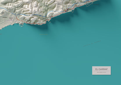 Mapa de relleu del Garraf, amb el territori en color i l’entorn en blanc. Detall de la part inferior dreta. 70 × 100 cm. Estil Cartogràfic.