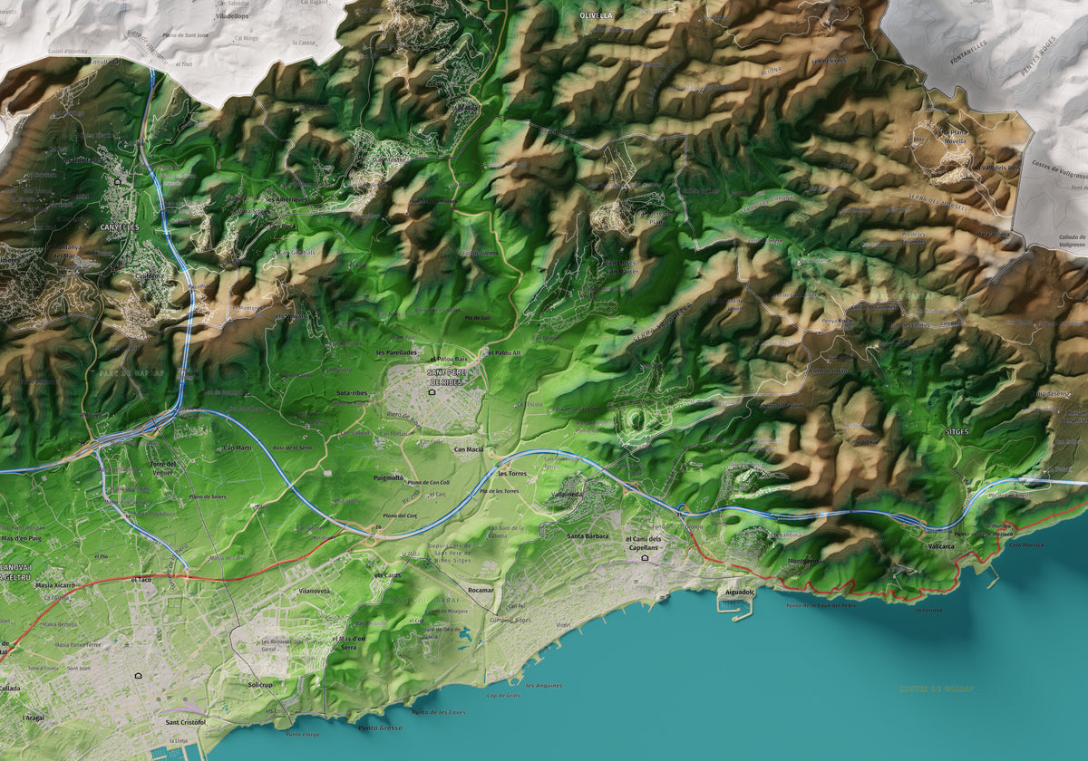 Mapa de relleu del Garraf, amb el territori en color i l’entorn en blanc. Detall de la part central. 70 × 100 cm. Estil Clàssic.