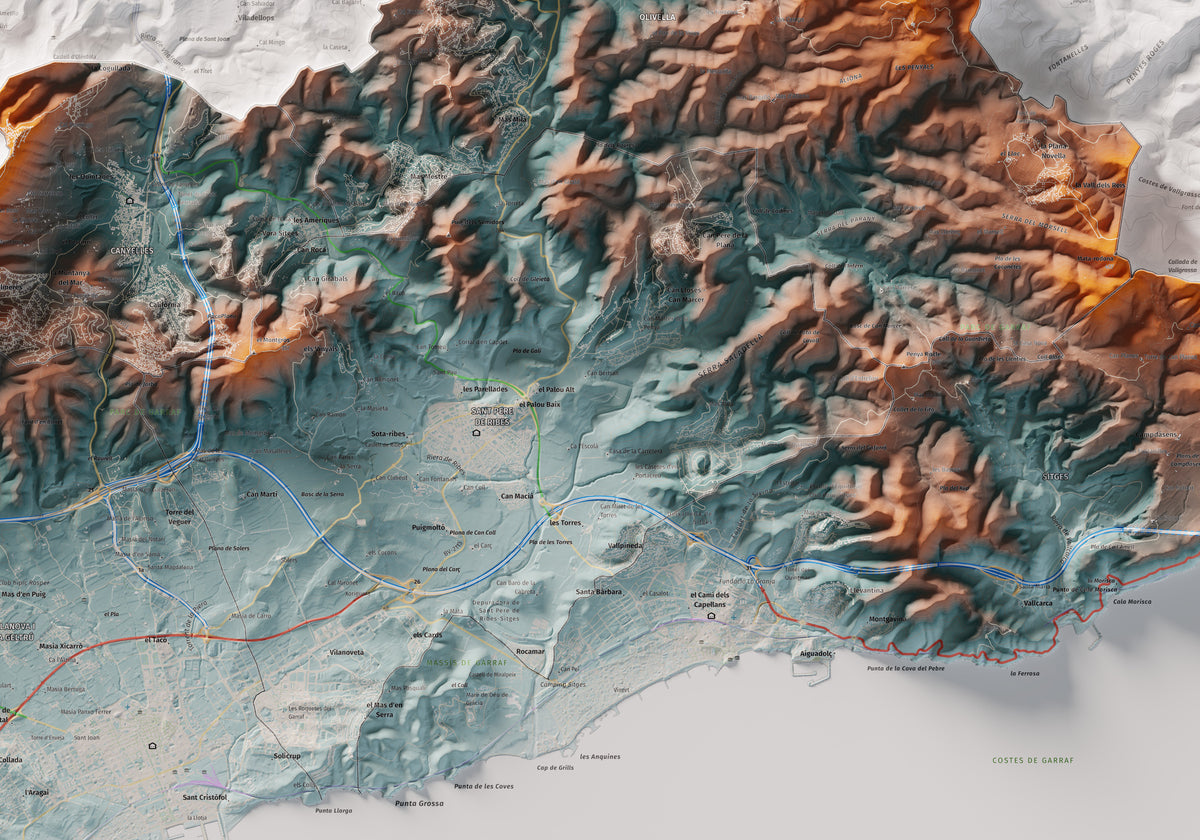 Mapa de relleu del Garraf, amb el territori en color i l’entorn en blanc. Detall de la part central. 70 × 100 cm. Estil Blau i taronja.