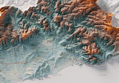 Mapa de relleu del Garraf, amb el territori en color i l’entorn en blanc. Detall de la part central. 70 × 100 cm. Estil Blau i taronja.