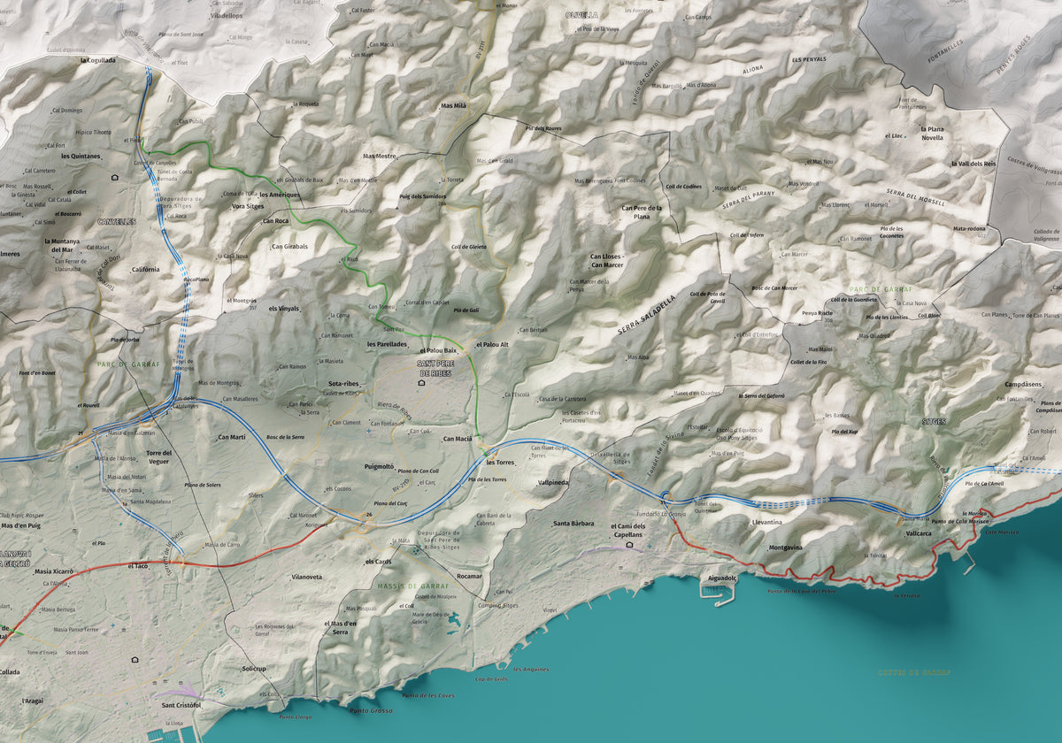Mapa de relleu del Garraf, amb el territori en color i l’entorn en blanc. Detall de la part central. 70 × 100 cm. Estil Cartogràfic.