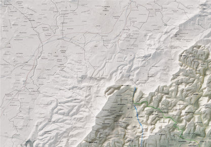 Mapa de relleu del Garraf, amb el territori en color i l’entorn en blanc. Detall de la part superior esquerra. 70 × 100 cm. Estil Cartogràfic.