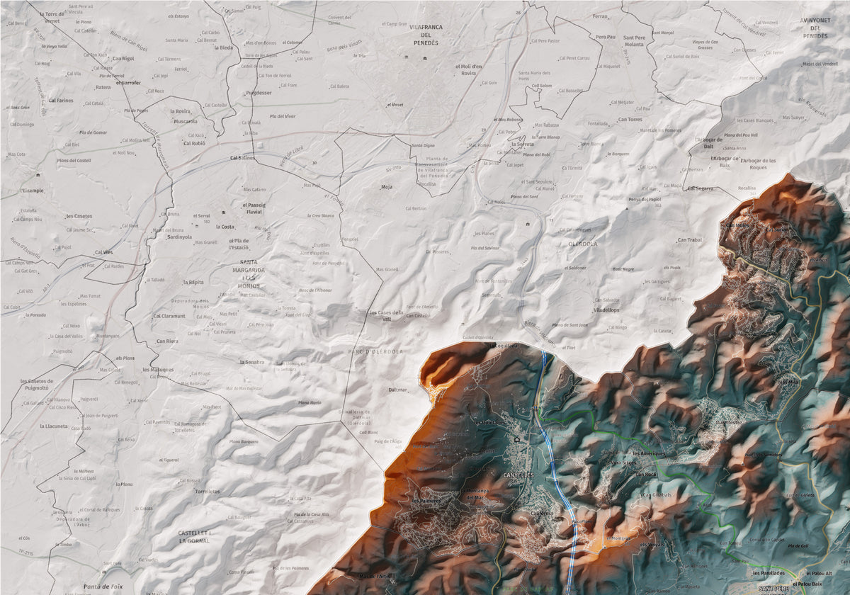Mapa de relleu del Garraf, amb el territori en color i l’entorn en blanc. Detall de la part superior esquerra. 70 × 100 cm. Estil Blau i taronja.