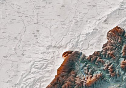 Mapa de relleu del Garraf, amb el territori en color i l’entorn en blanc. Detall de la part superior esquerra. 70 × 100 cm. Estil Blau i taronja.