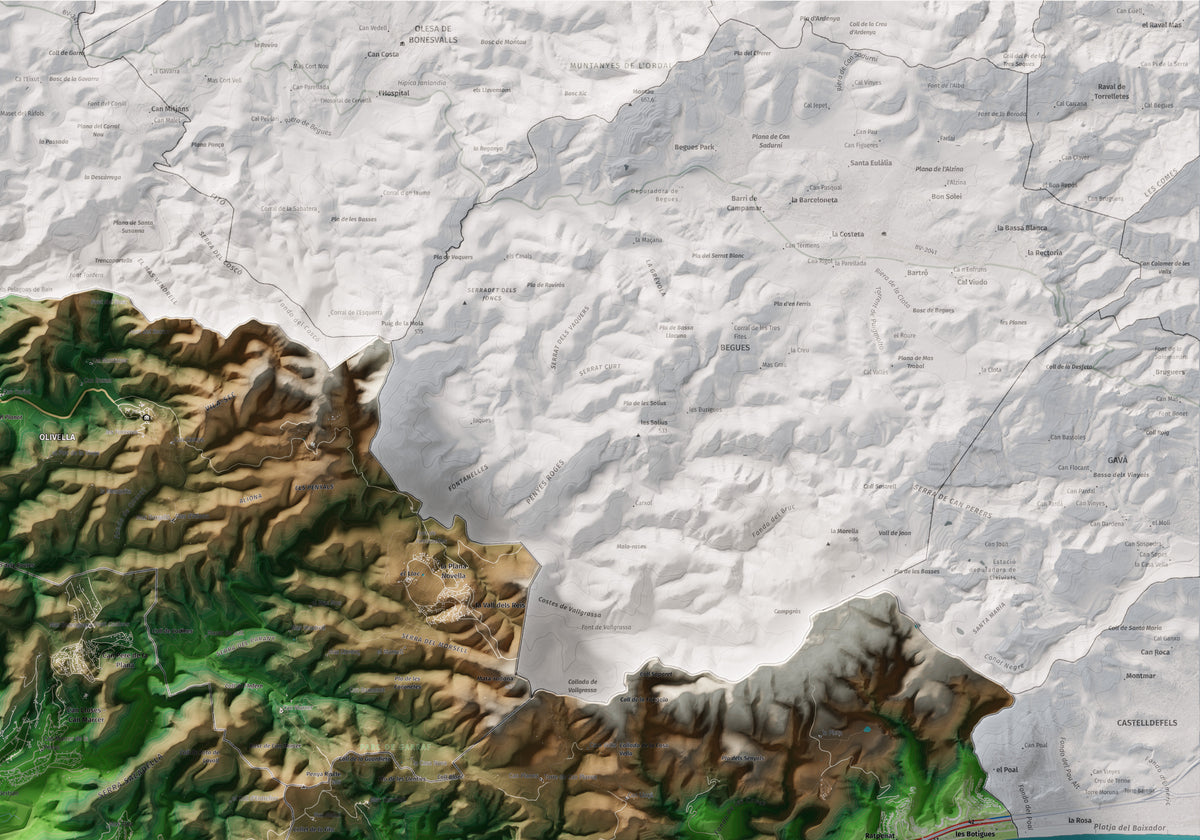 Mapa de relleu del Garraf, amb el territori en color i l’entorn en blanc. Detall de la part superior dreta. 70 × 100 cm. Estil Clàssic.