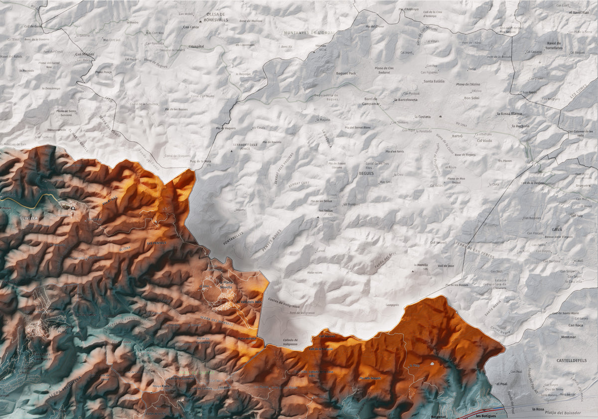 Mapa de relleu del Garraf, amb el territori en color i l’entorn en blanc. Detall de la part superior dreta. 70 × 100 cm. Estil Blau i taronja.