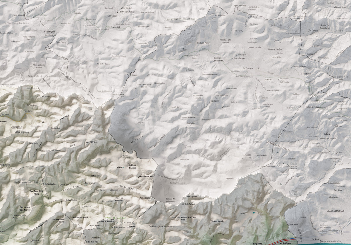 Mapa de relleu del Garraf, amb el territori en color i l’entorn en blanc. Detall de la part superior dreta. 70 × 100 cm. Estil Cartogràfic.