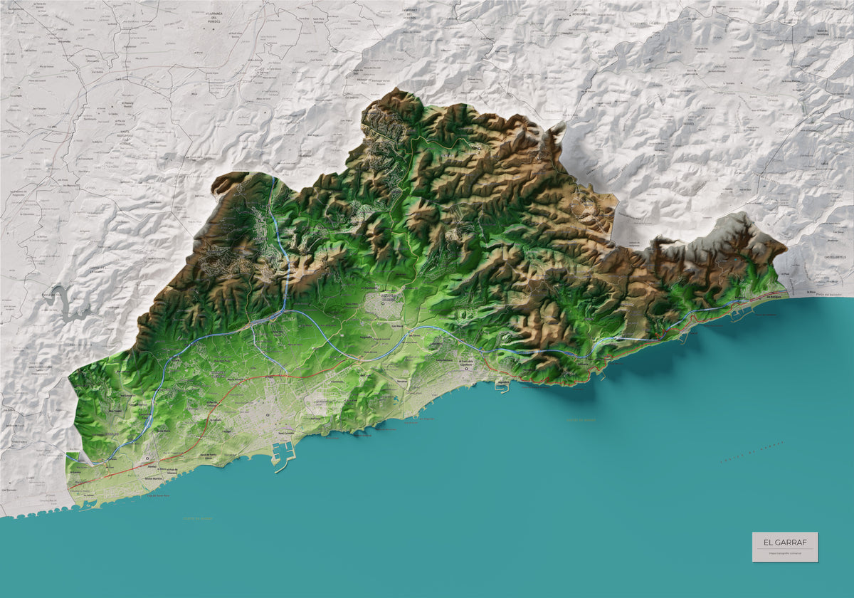 Mapa de relleu del Garraf, amb el territori en color i l’entorn en blanc. Vista completa de la làmina. 70 × 100 cm. Estil Clàssic.