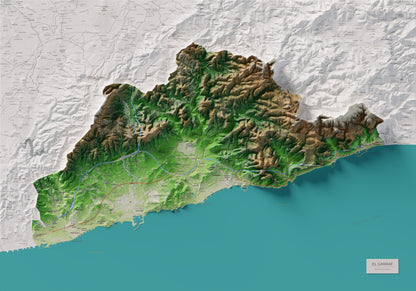Mapa de relleu del Garraf, amb el territori en color i l’entorn en blanc. Vista completa de la làmina. 70 × 100 cm. Estil Clàssic.