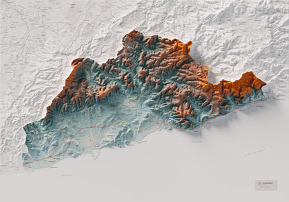 Mapa de relleu del Garraf, amb el territori en color i l’entorn en blanc. Vista completa de la làmina. 70 × 100 cm. Estil Blau i taronja.
