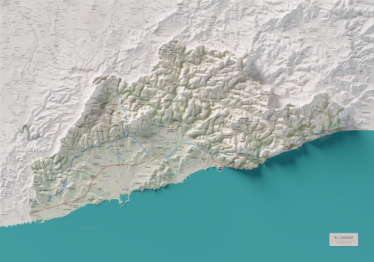 Mapa de relleu del Garraf, amb el territori en color i l’entorn en blanc. Vista completa de la làmina. 70 × 100 cm. Estil Cartogràfic.
