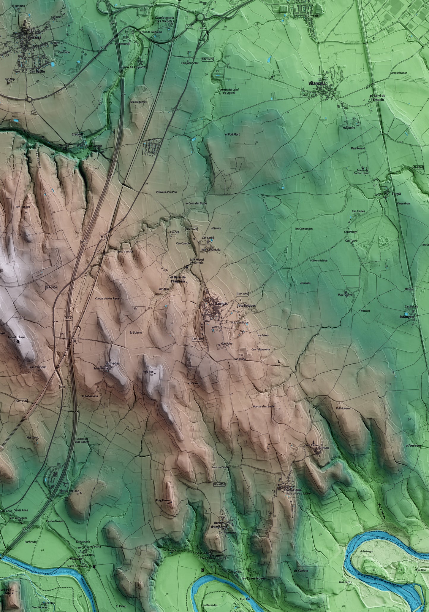 Mapa artístico del relieve de Garrigàs, al Alt Empordà, con 15 km de entorno y base topográfica ICGC. Detalle de la zona central.