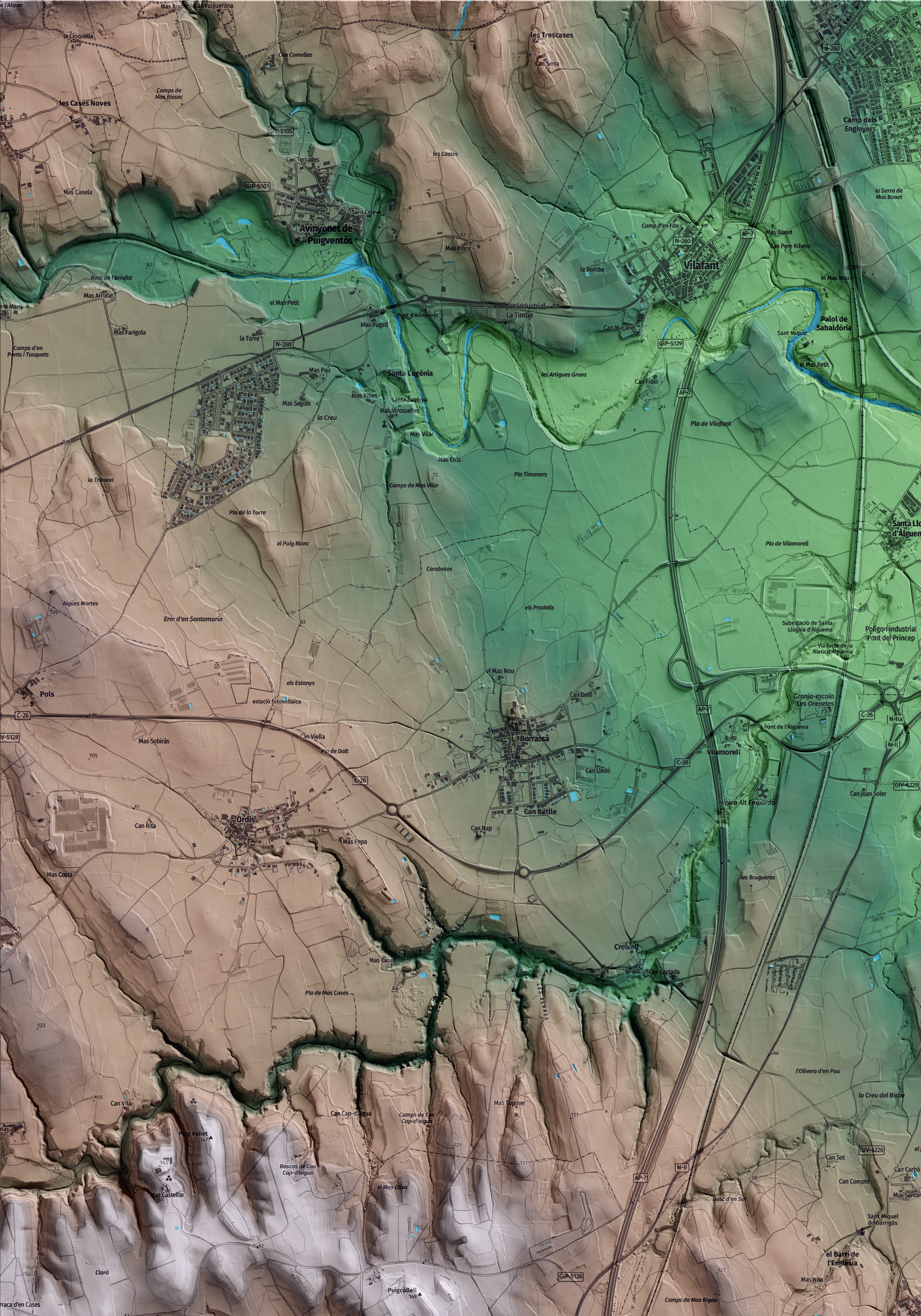 Mapa artístico del relieve de Garrigàs, al Alt Empordà, con 15 km de entorno y base topográfica ICGC. Detalle de la zona superior izquierda.