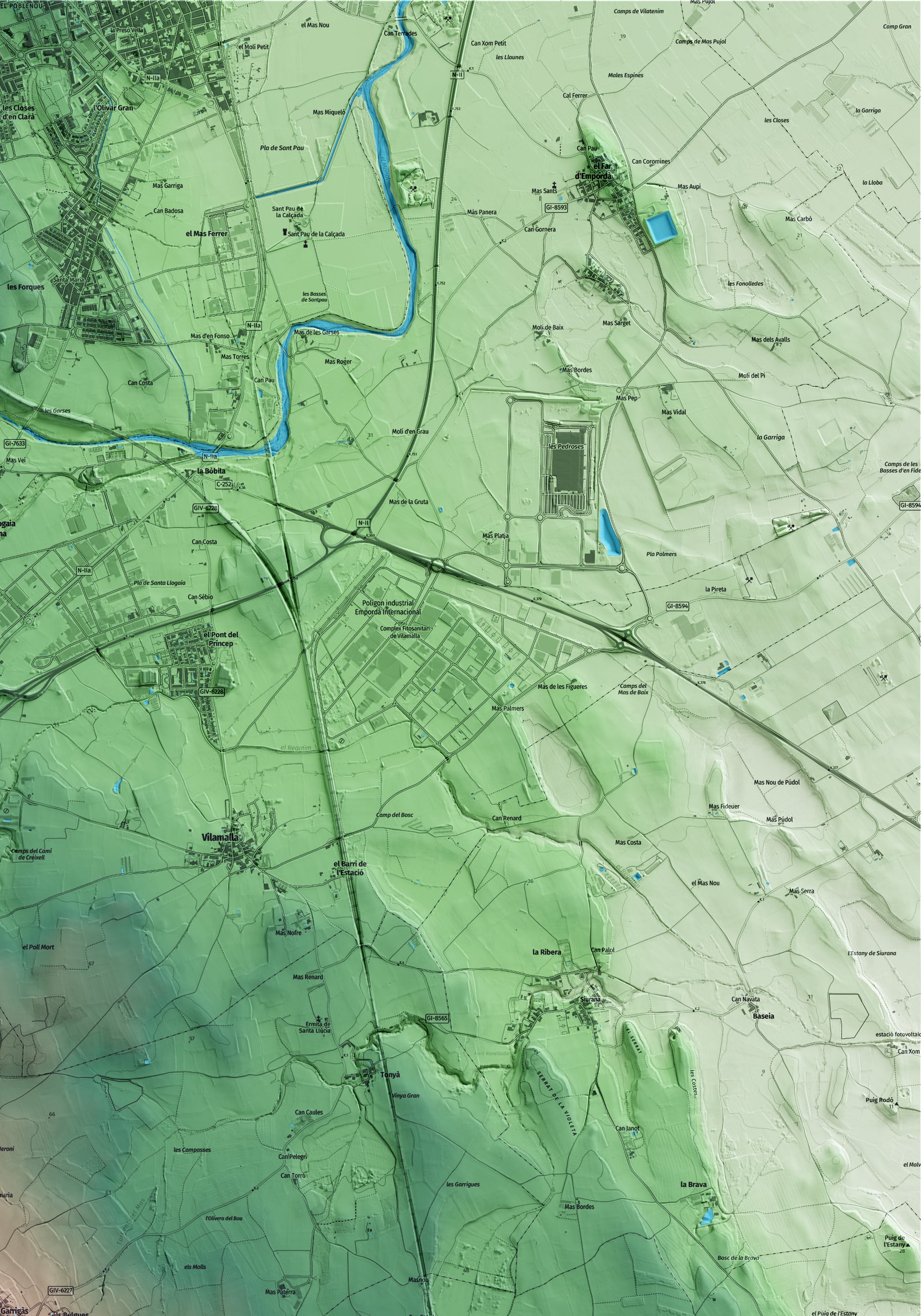 Mapa artístico del relieve de Garrigàs, al Alt Empordà, con 15 km de entorno y base topográfica ICGC. Detalle de la zona superior derecha.