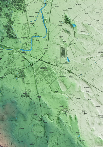 Mapa artístico del relieve de Garrigàs, al Alt Empordà, con 15 km de entorno y base topográfica ICGC. Detalle de la zona superior derecha.