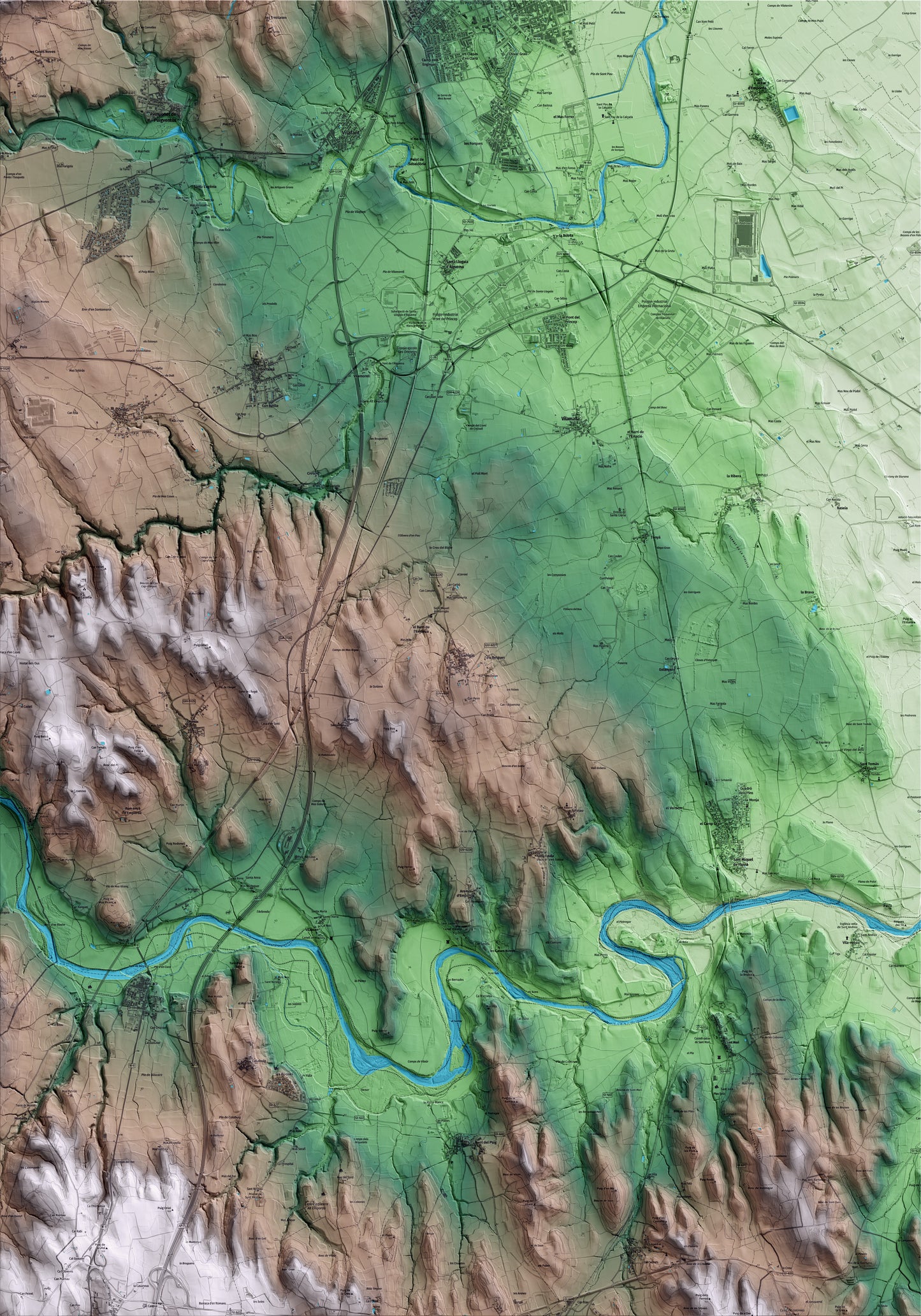 Mapa artístico del relieve de Garrigàs, al Alt Empordà, con 15 km de entorno y base topográfica ICGC