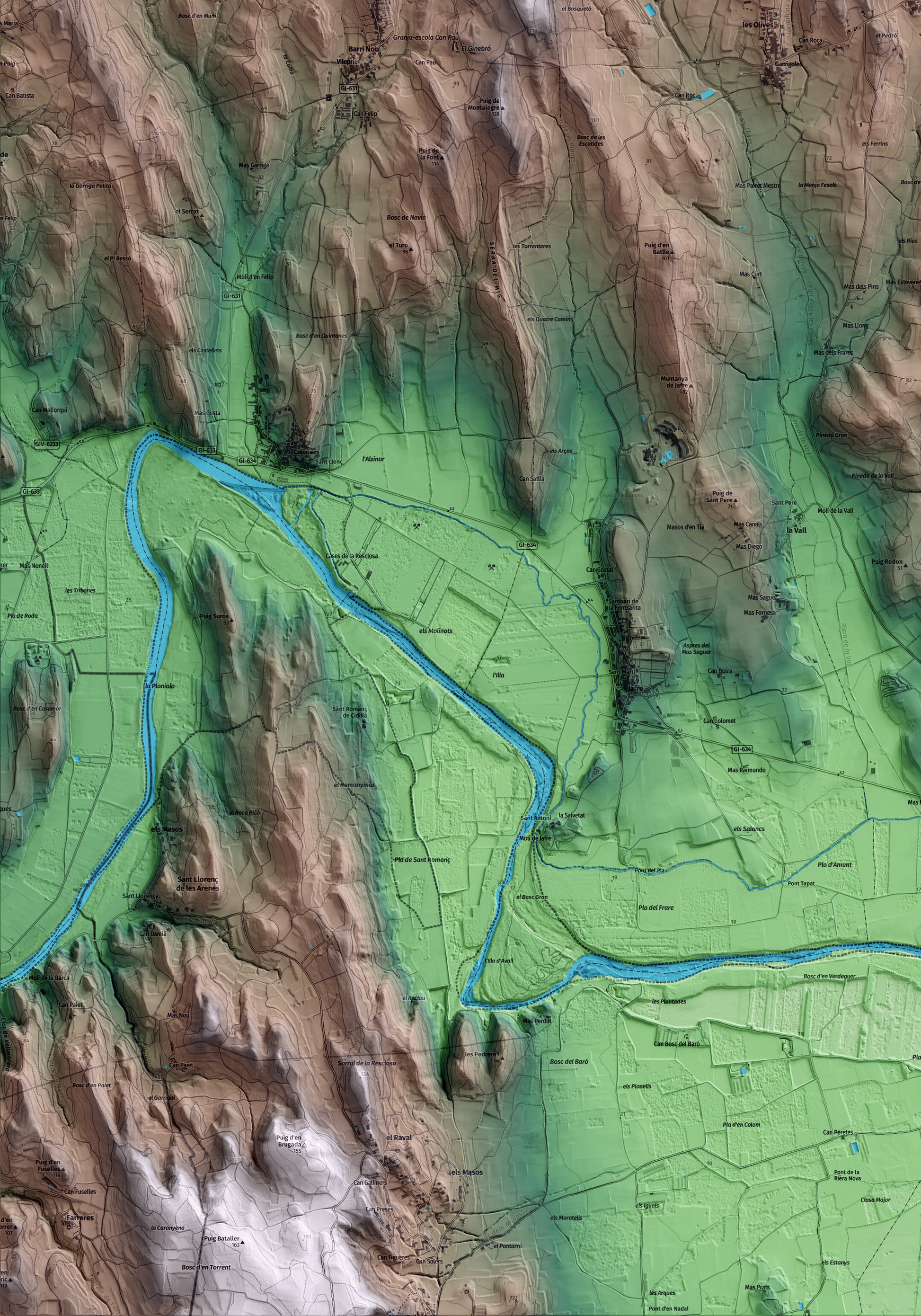 Mapa artístico del relieve de Garrigoles, al Baix Empordà, con 15 km de entorno y base topográfica ICGC. Detalle de la zona inferior izquierda.